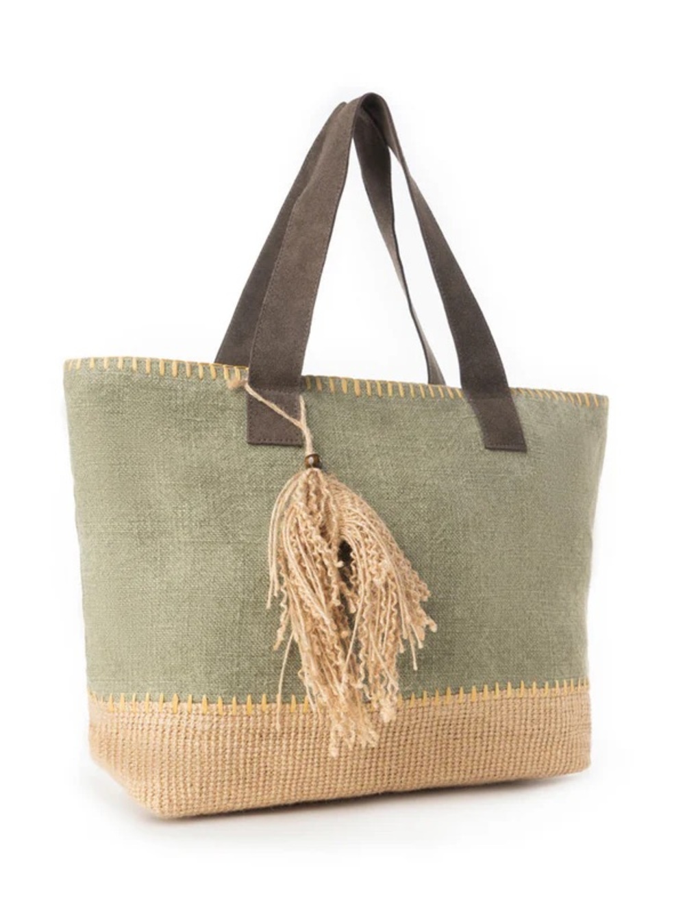 🚨LAST ONE🚨 Sage Green & Tan Canvas Tote with Jute Tassel and Suede Handles